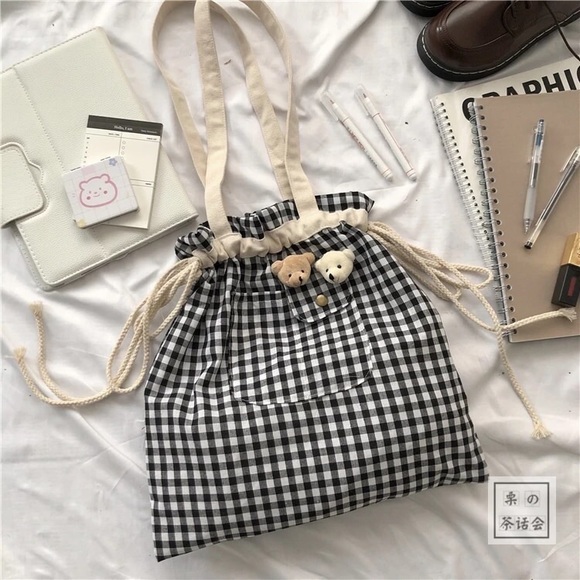 Canvas tote bag pocket plaid cream drawstring bags cute bear pins set checker - Picture 2 of 7